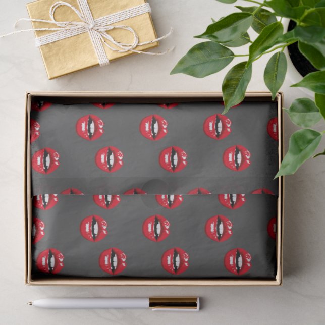 Red glossy lips on grey tissue paper (Gift)