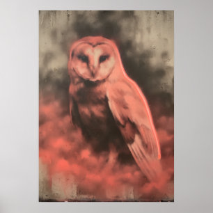 Red Glow Barn Owl Moody Watercolor Art Poster