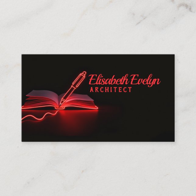 Red Glow of Insight: Pen and Book in the Dark Business Card (Front)