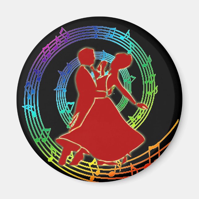 Red glowing dancing couple on colourful  music magnet (Front)