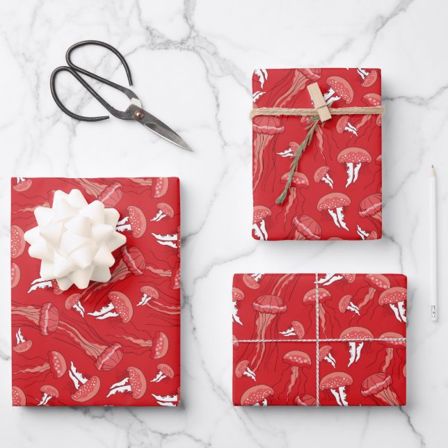 red glowing jelly fish pattern wrapping paper sheet (Front)