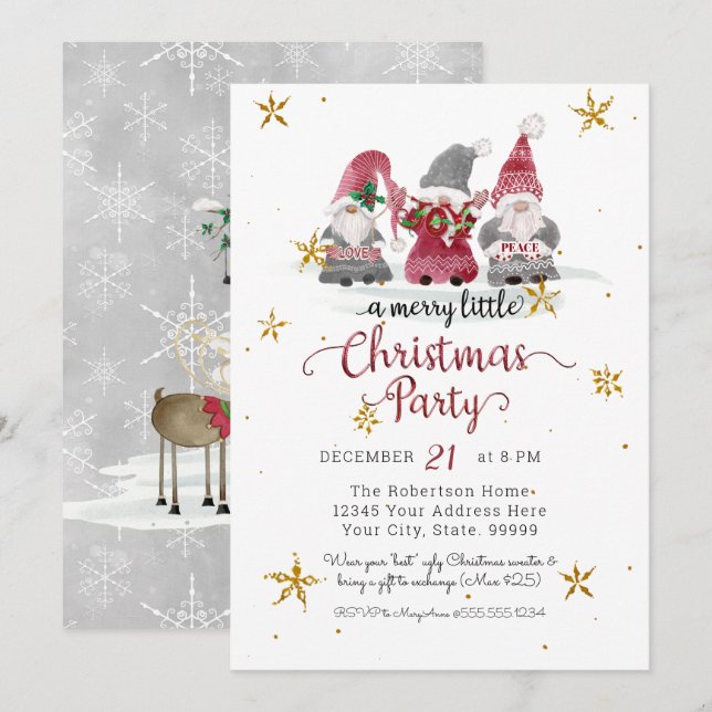 Red Gnomes Love Joy Peace Reindeer Merry Christmas Holiday Card (Front/Back)