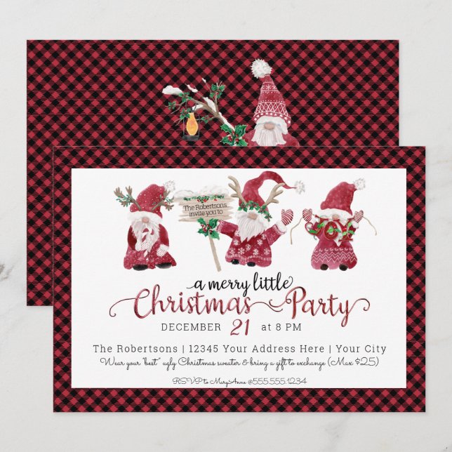 Red Gnomes Watercolor Merry Little Christmas Party Holiday Card (Front/Back)