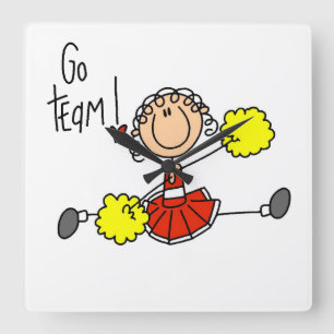Red Go Team Cheerleader Square Wall Clock