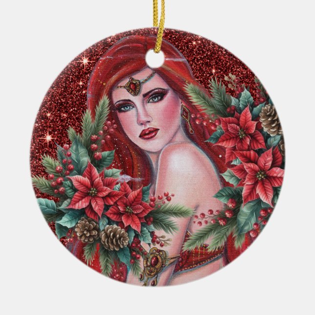 Red goddess Christmas  Ceramic Tree Decoration (Front)