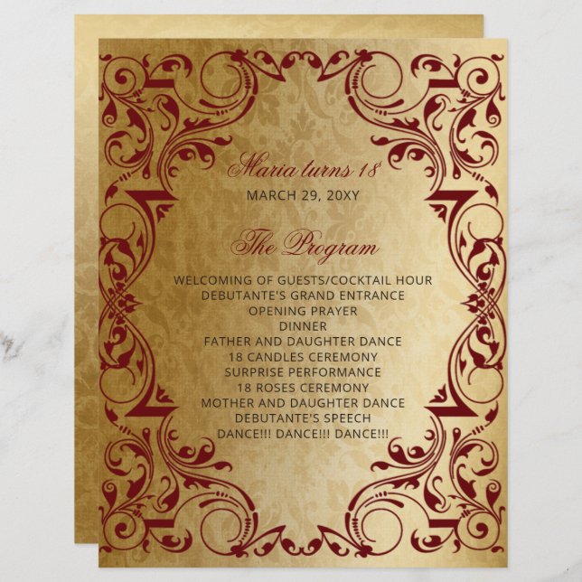 Red Gold 18 Candles and Roses Ceremony Program (Front/Back)
