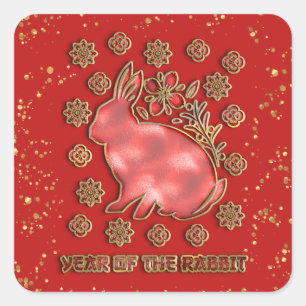 Red Gold 2023 Rabbit Lunar Chinese New Year Square Sticker