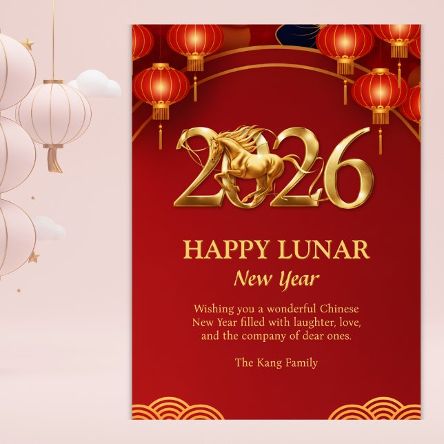Red Gold 2026 Horse Chinese Lunar New Year Holiday Card (2026 Lunar New Year – Year of the Horse, Red & Gold Lanterns, Personalized)