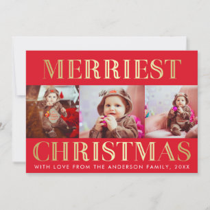 Red & Gold   3 Photo Christmas Holiday Greeting Card