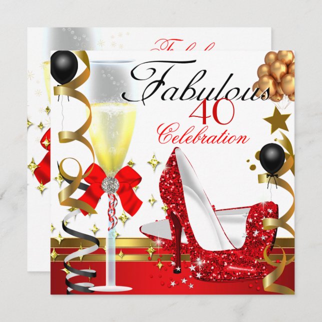 Red  Gold 40 & Fabulous 40th Birthday Party Invitation (Front/Back)