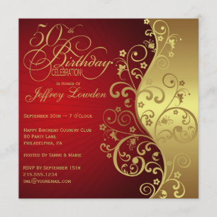 Red & Gold 50th Birthday Party Invitation