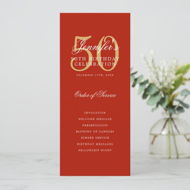 Red Gold 50th Birthday Party Program w/ Menu Invitation (Standing Front)