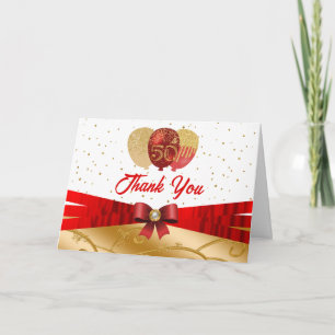 Red & Gold 50th Birthday Silk Balloon Thank You Card