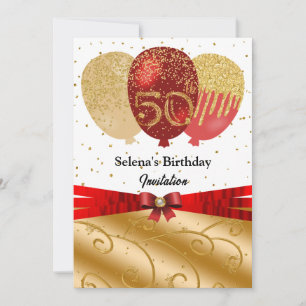 Red Gold 50th Birthday Silk Ribbon Balloons Invitation
