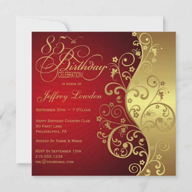 Red &  Gold 85th Birthday Party Invitation (Front)