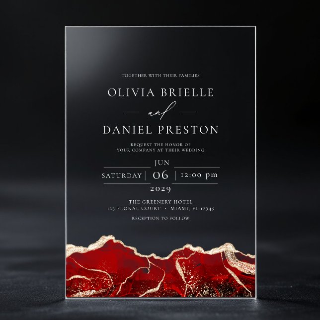 Red Gold Agate Elegant Modern Wedding Acrylic Invitations (Creator Uploaded)