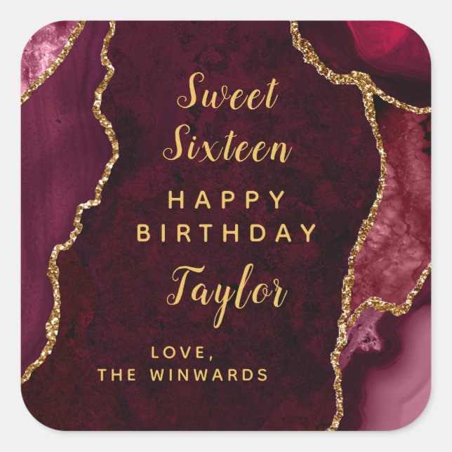 Red Gold Agate Sweet Sixteen Happy Birthday Square Sticker (Front)