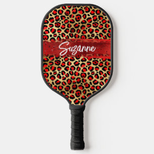 Red Gold and Black Foil Leopard Brush Strokes Pickleball Paddle