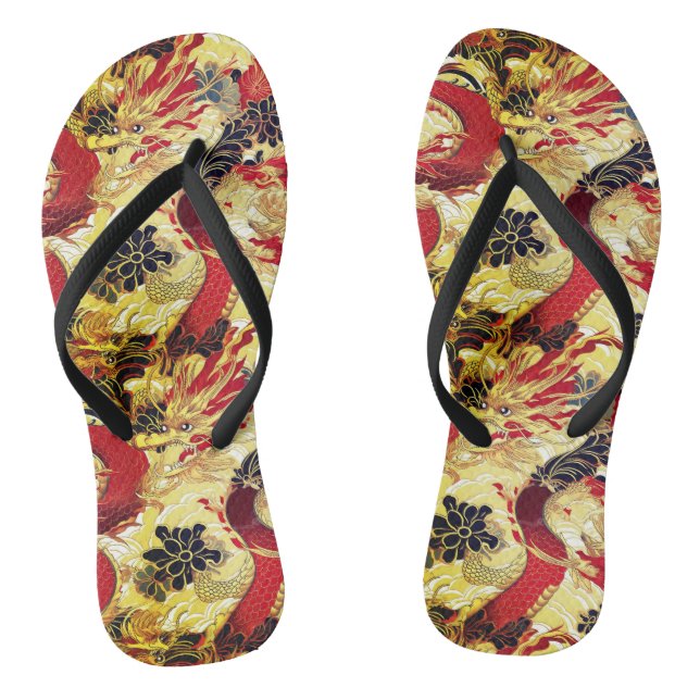Red, Gold and Black Japanese Dragon Pattern Jandals (Footbed)