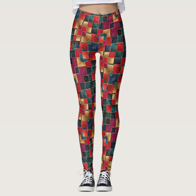 Red Gold and Blue Squares Leggings (Front)