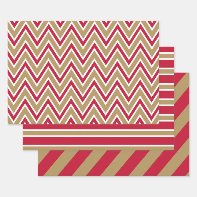 Red, Gold, and White Chevron & Stripe Patterns Wrapping Paper Sheet (Set)