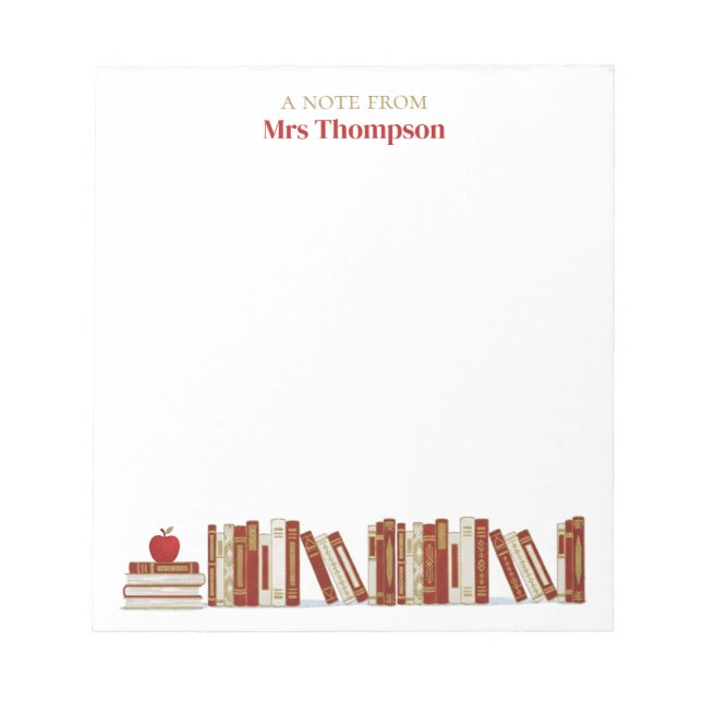 Red Gold Apple Bookshelf Personalized Teacher Notepad (Front)