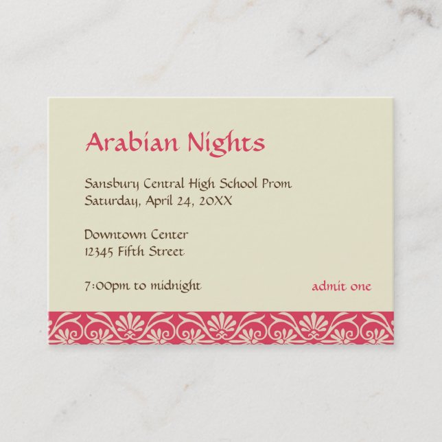 Red gold arabian prom bid custom admission ticket (Front)