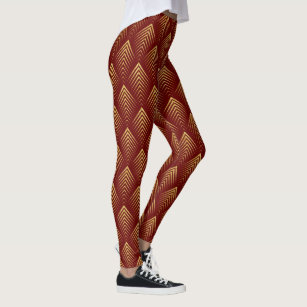 Red & Gold Art-Deco Geometric Pattern Leggings