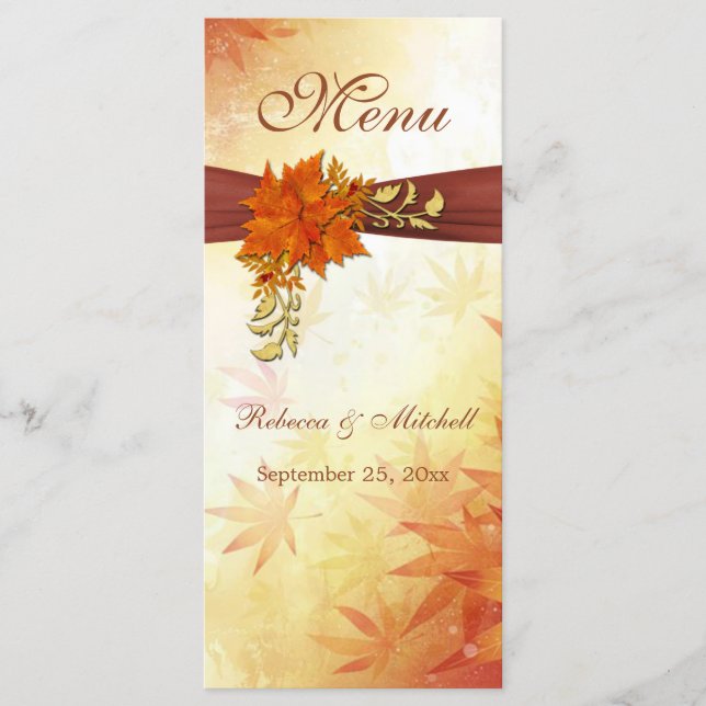 Red gold Autumn leaves Wedding Menu  Rack Card (Front)