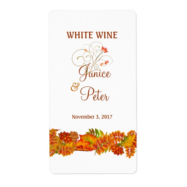 Red Gold autumn leaves Wedding Wine Label (Front)