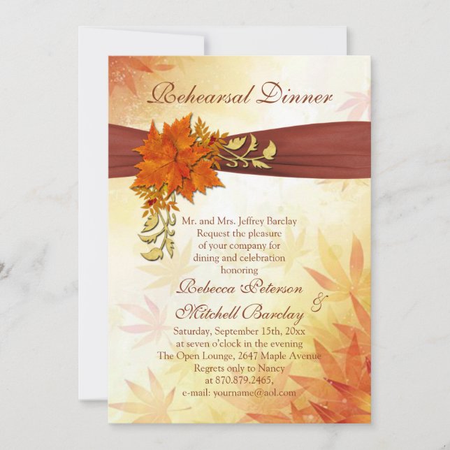 Red & gold Autumnal leaves Rehearsal Dinner Invite (Front)