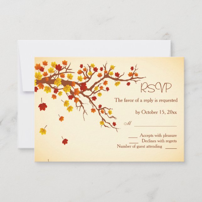 Red gold autumnal leavess Wedding RSVP (Front)