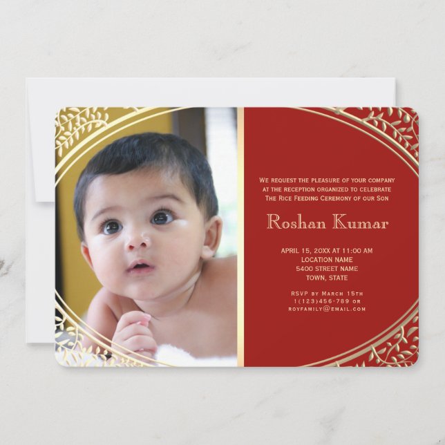 Red Gold Baby Boy Annaprashan Invitation (Front)