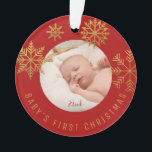 Red Gold Babys First Christmas Gift Ornament<br><div class="desc">Bright red gold Snowflakes Christmas holiday photo ornament for new parents who just had a baby. Personalise it by adding the name. Makes a perfect gift for your friends or family.</div>