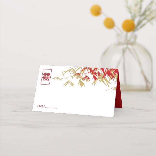 Red & Gold Bamboo Leaves Double Xi Chinese Wedding Place Card (Front)