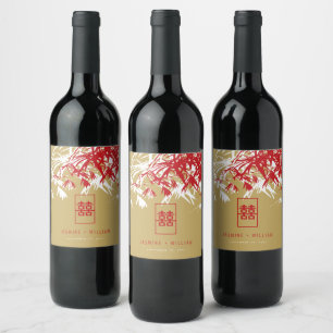 Red/Gold Bamboo Leaves Double Xi Chinese Wedding Wine Label