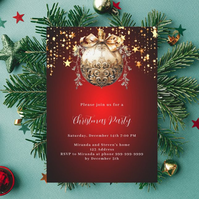 Red gold bauble vintage stars Christmas Party Invitation (Creator Uploaded)