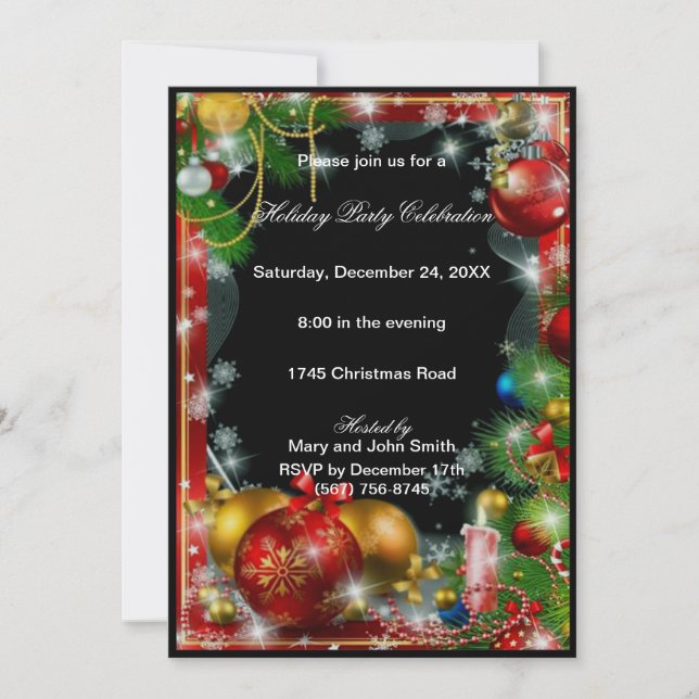 Red Gold Baubles Candle Christmas Party Invitation (Front)