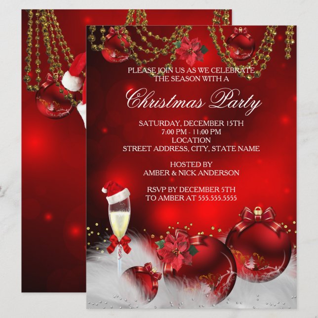 Red Gold Baubles Champagne Christmas Party Invitation (Front/Back)