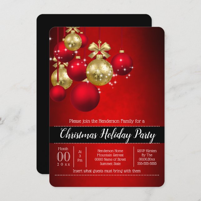 Red gold baubles Christmas holiday party chic Invitation (Front/Back)