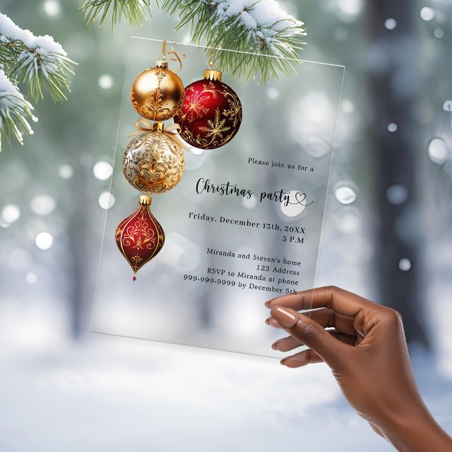 Red gold baubles Christmas Party frosted Acrylic Invitations (Creator Uploaded)