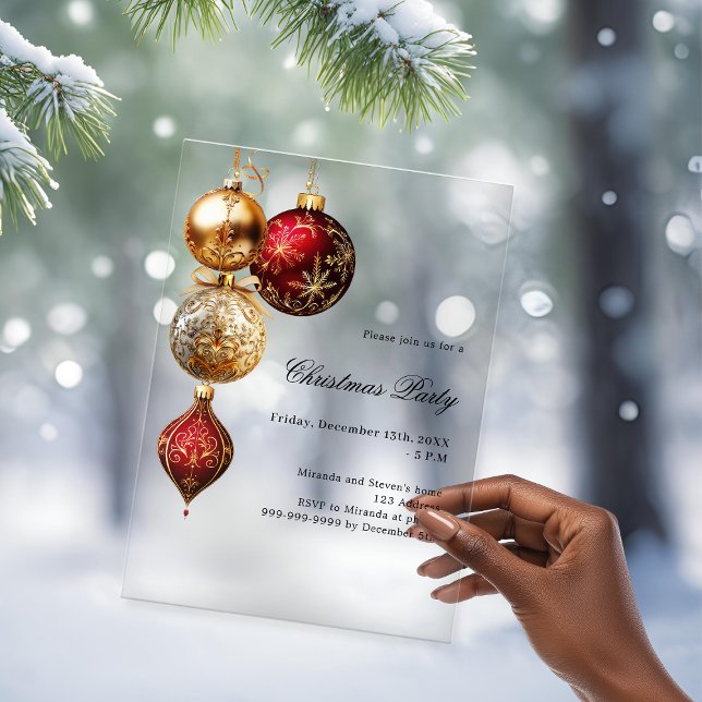 Red gold baubles Christmas Party frosted Acrylic Invitations (Creator Uploaded)