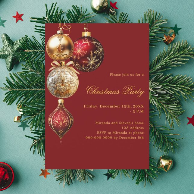 Red gold baubles Christmas Party Invitation (Creator Uploaded)