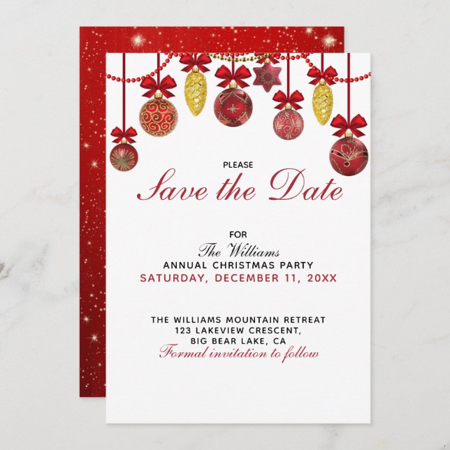 RED GOLD BAUBLES Christmas Party Save the Date Invitation (Front/Back)