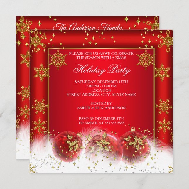 Red Gold Baubles Christmas Photo Holiday Party Invitation (Front/Back)