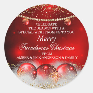 Red Gold Baubles Friendsmas Christmas Greetings  Classic Round Sticker