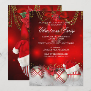 Red Gold Baubles Santa Hat Christmas Party Invitation
