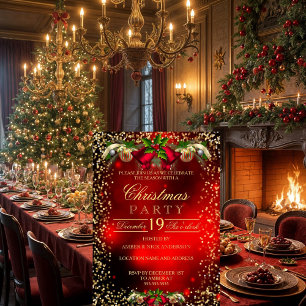 Red Gold Bells Holly Christmas Holiday Party Invitation