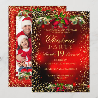 Red Gold Bells Holly Photo Christmas Holiday Party Invitation
