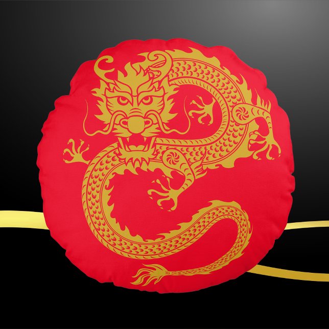 Red, Gold & Black, Chinese Dragon Zodiac | Round Cushion (Creator Uploaded)